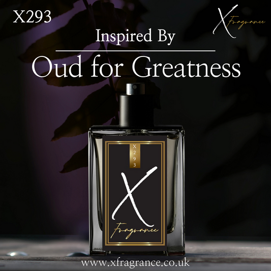 A sophisticated perfume bottle with 'X293' label and 'Inspired By Oud for Greatness' against a backdrop with dark leaf silhouettes.