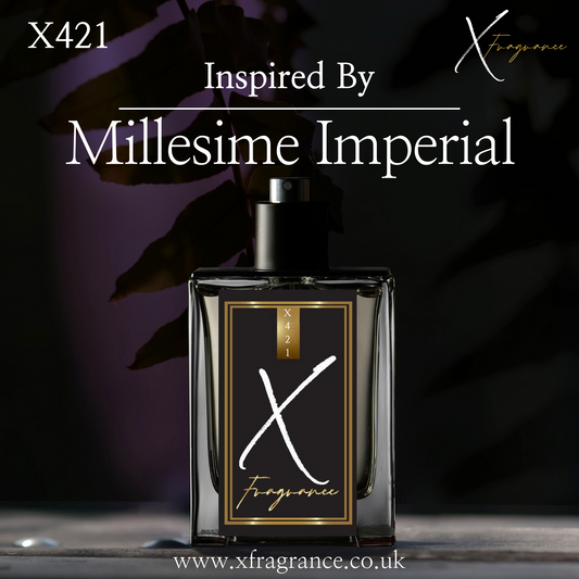 Chic perfume bottle with 'X421' and 'Inspired By Millesime Imperial' text on a background with artistic leaf shadows.