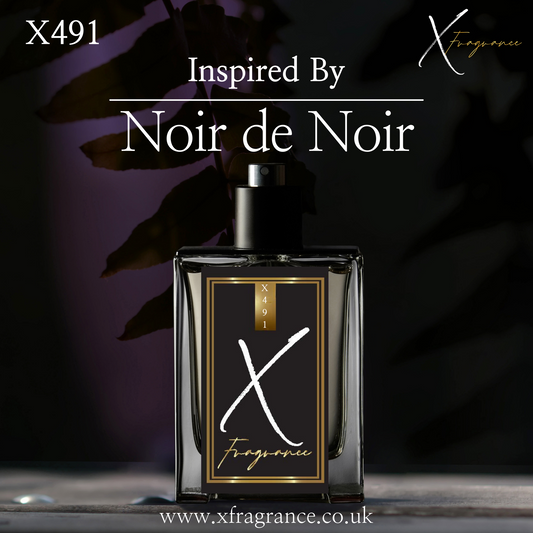Elegant black perfume bottle with 'X491' and 'Inspired By Noir de Noir' text, set against a moody backdrop with leaf silhouettes.