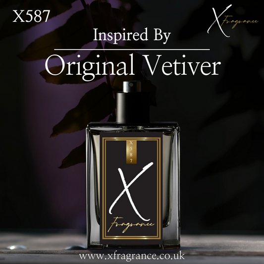 X Fragrance X587, a refined perfume inspired by Original Vetiver, displayed in a sleek bottle amidst a dark, leaf-patterned ambiance.
