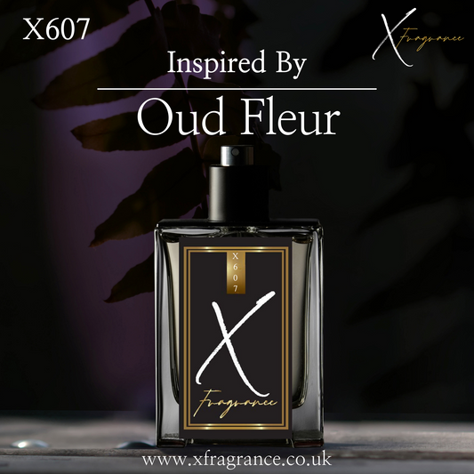 X Fragrance X607, an exquisite perfume inspired by Oud Fleur, set against a dark, leafy background for a touch of nature's elegance.