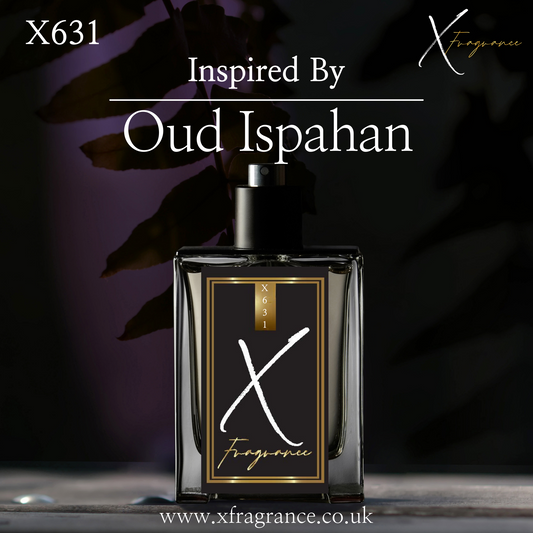 X Fragrance X631, luxurious perfume with an aroma inspired by Oud Ispahan, elegantly posed before a shadowed, leafy background.