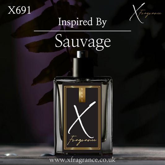 X Fragrance X691 perfume, inspired by the bold Sauvage, presented in a sophisticated bottle against an artistic, dark leaf backdrop.