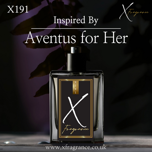 Sophisticated perfume bottle with 'X191' and 'Inspired By Aventus for Her' against a backdrop featuring shadowed leaves.