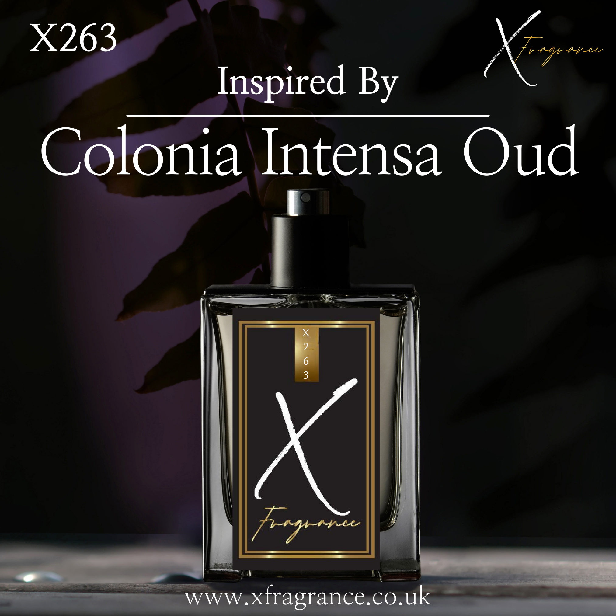 Premium perfume bottle with 'X263' and 'Inspired By Colonia Intensa Oud' text, set against a backdrop with artistic leaf shadows.