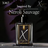 A stylish perfume bottle with the inscription 'X467' and 'Inspired By Neroli Sauvage' against a backdrop with dark foliage