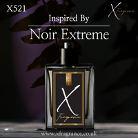 Perfume bottle with 'X521' marking and 'Inspired By Noir Extreme' beside the X Fragrance logo against a dark, leafy backdrop.
