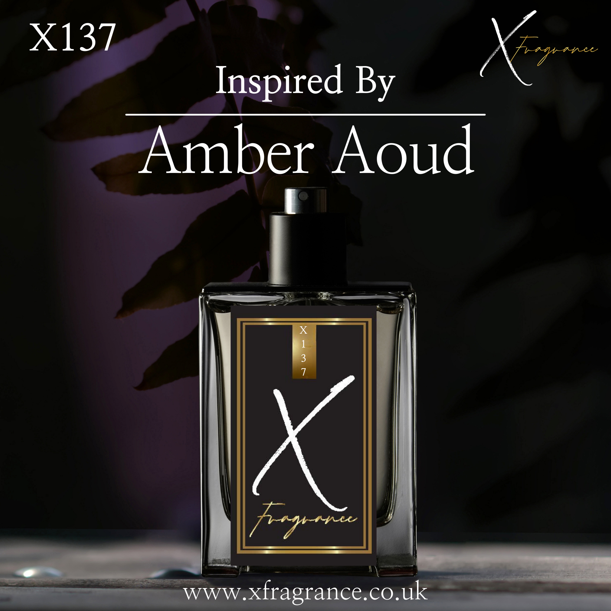 Sophisticated perfume bottle with 'X109' and 'Inspired By Alien Perfume' showcased against a dark, leaf-patterned background.