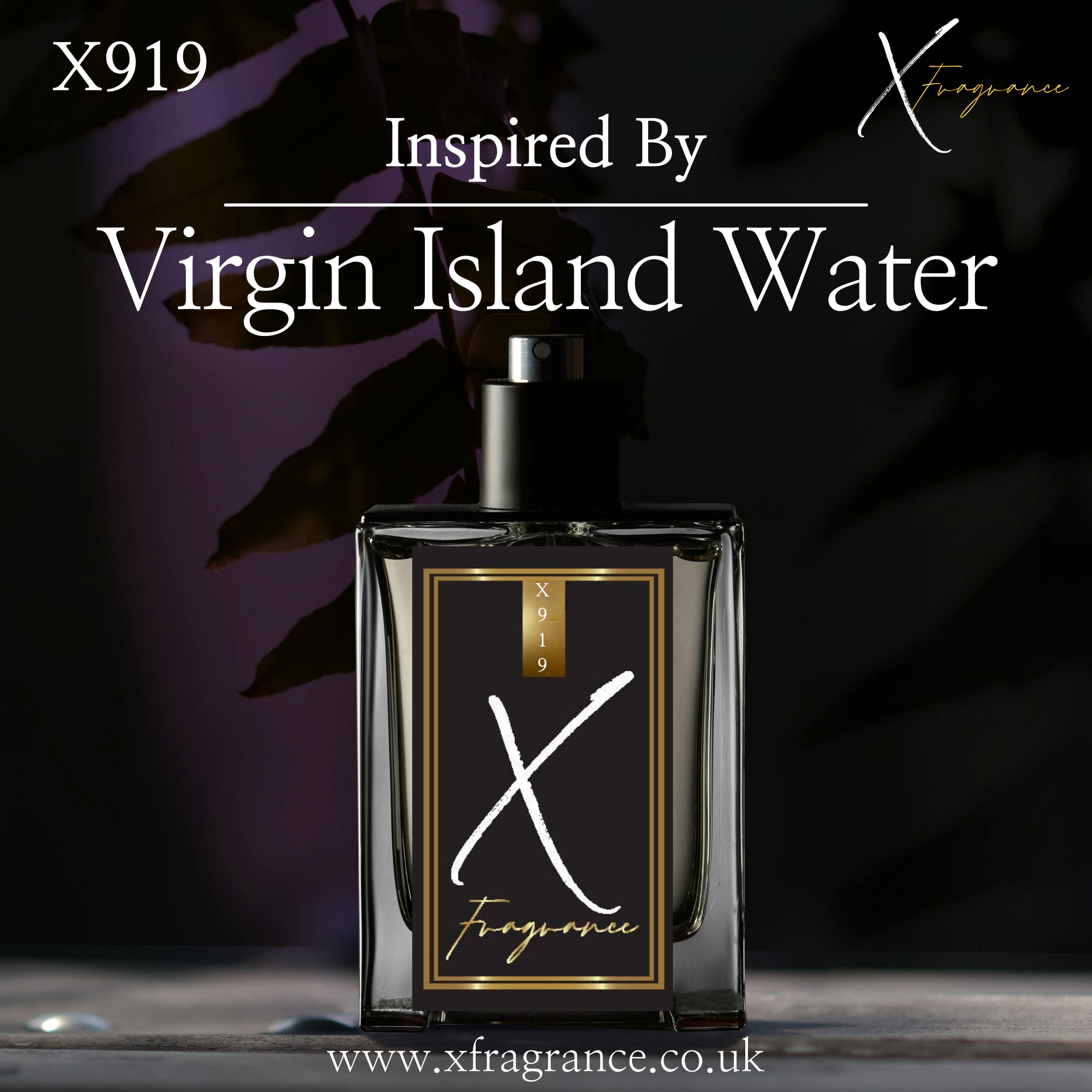 X919 perfume by X Fragrance, inspired by Virgin Island Water, showcased in an elegant bottle with a dark backdrop