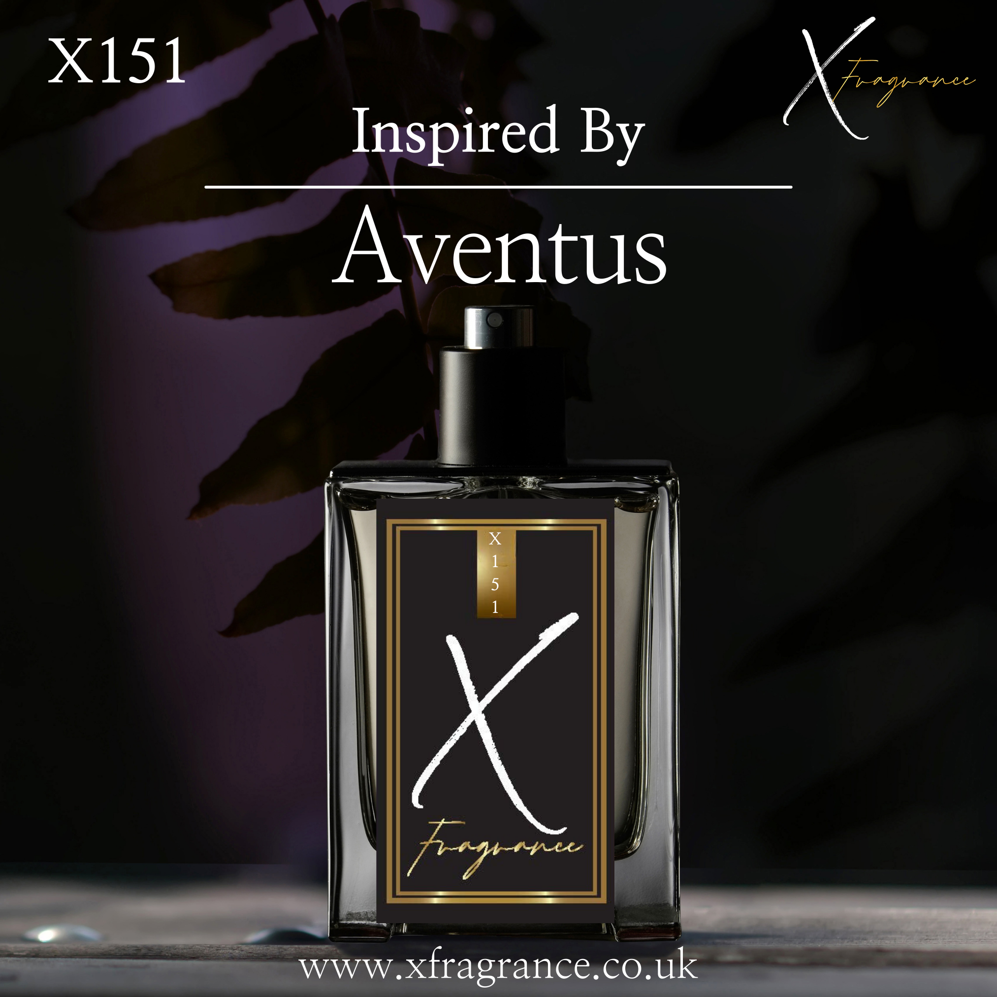 Elegant black perfume bottle with 'X151' and 'Inspired By Aventus' on a background of shadowed leaves.