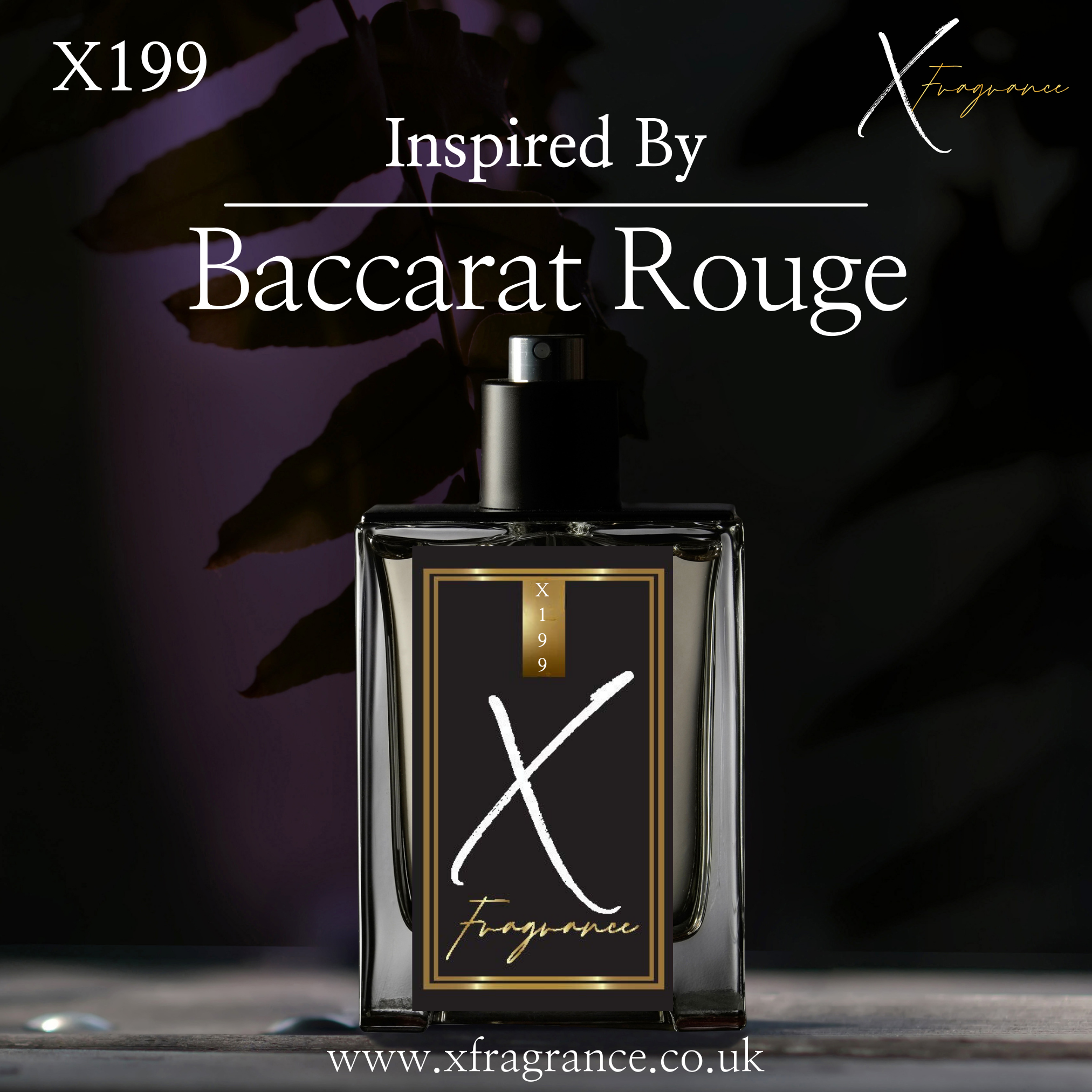 Elegant perfume bottle featuring 'X199' and 'Inspired By Baccarat Rouge' on a backdrop with subtle leaf shadows.