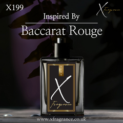 Elegant perfume bottle featuring 'X199' and 'Inspired By Baccarat Rouge' on a backdrop with subtle leaf shadows.