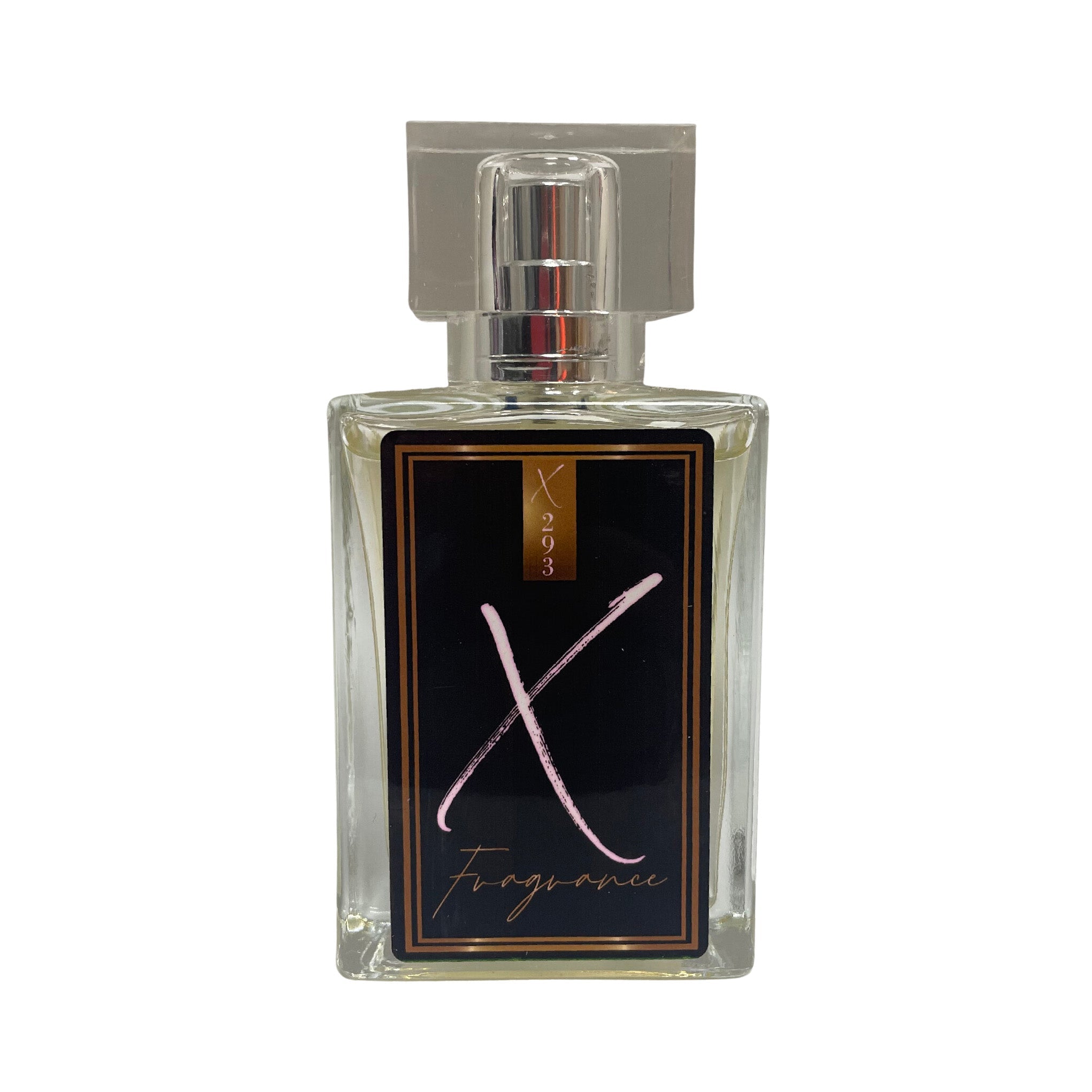 A sophisticated perfume bottle with 'X293' label and 'Inspired By Oud for Greatness' against a backdrop with dark leaf silhouettes.